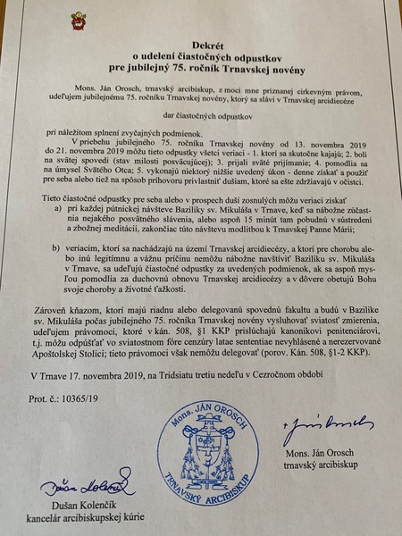 Dekrét o čiastočných odpustkoch pre Trnavskú novénu