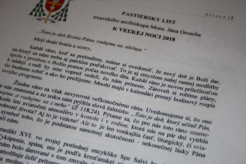 Na Veľkonočnú nedeľu čítajú kňazi pastiersky list arcibiskupa